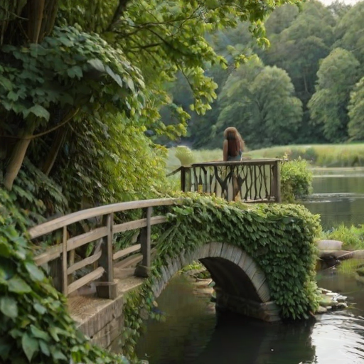Old stone bridge over a winding river, with ivy creeping up the sides, a woman leans on the railing, her long hair caught in the breeze as she gazes down at the water flowing below.