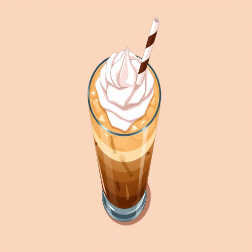 illustration of a tall iced coffee drink with whipped cream on top and a straw, high-resolution, 50mm lens, f/2.8 aperture, natural lighting, overhead view, digital illustration style