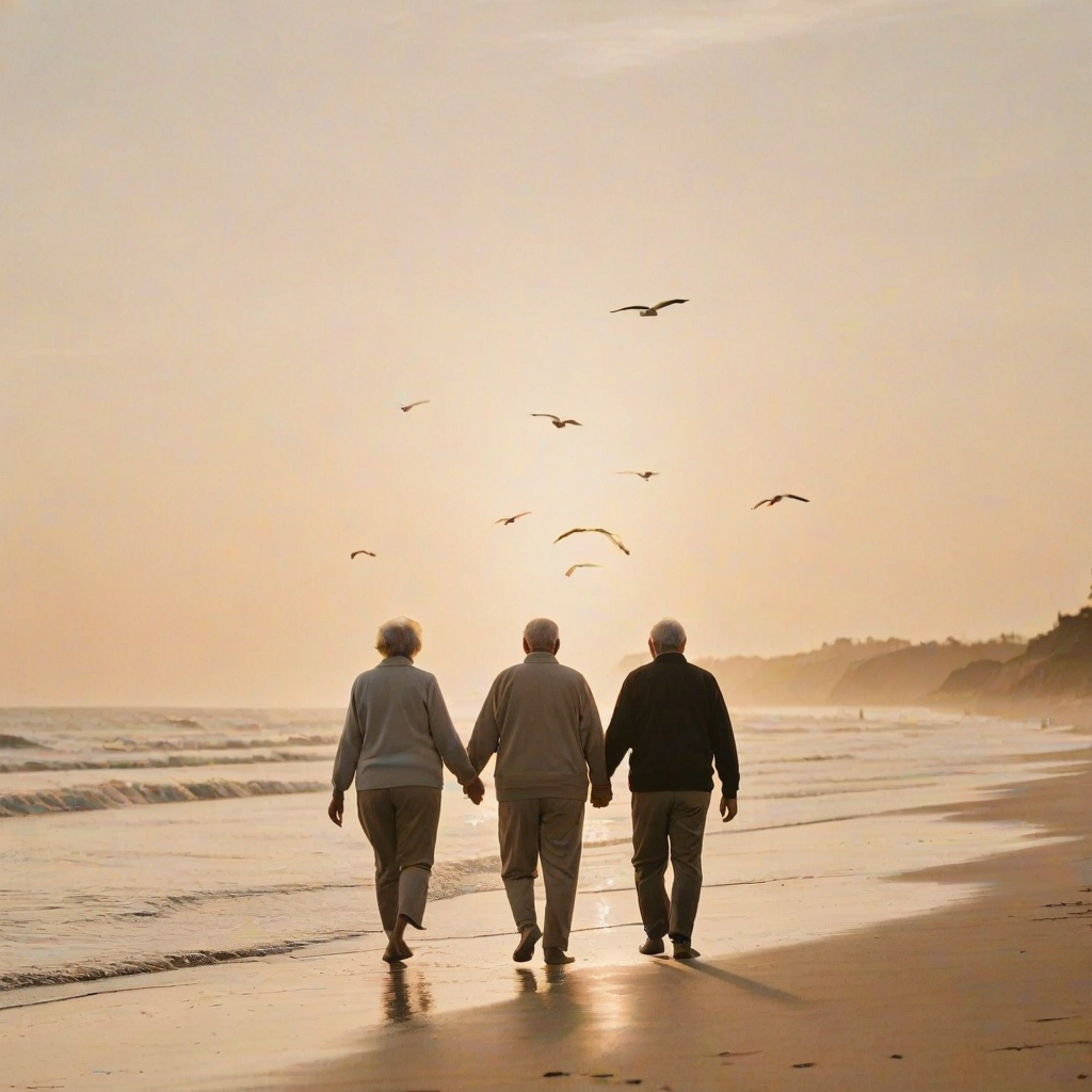 Blurry, candid photo of an elderly couple holding hands while walking along a sandy beach at sunset, soft golden light reflecting off the ocean waves, distant seagulls flying overhead.