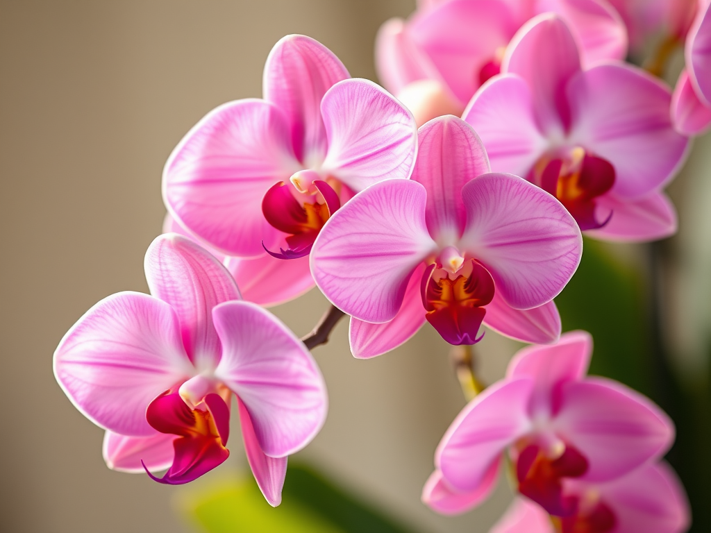 Create a high-resolution image of a cluster of pink orchids with vibrant colors and soft lighting, using a macro lens at f/2.8 aperture, 1/60s shutter speed, and ISO 100, positioned at eye level with a shallow depth of field to enhance detail and create a blurred background.