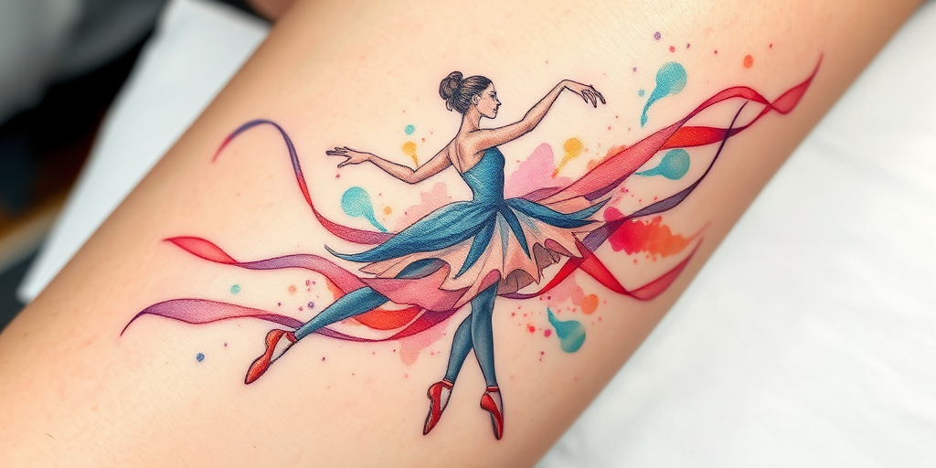 Ethereal watercolor tattoo depicting a graceful ballet dancer in motion, with flowing ribbons and abstract splashes of color creating a sense of movement and elegance