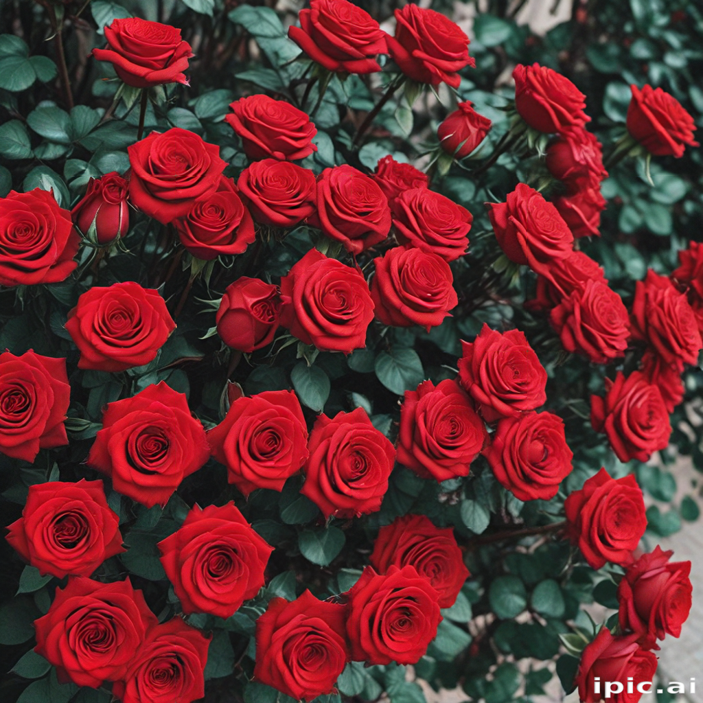 Rose Color Display A Vibrant Display of Lush Red Roses in a Beautiful Garden Setting.