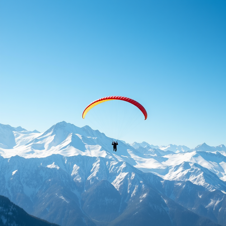 Generate a high-resolution image of a paraglider soaring against a backdrop of snow-capped mountains under a clear blue sky, using a DSLR camera with a 24mm lens, f/8 aperture, ISO 100, and a wide-angle perspective to enhance detail and depth.