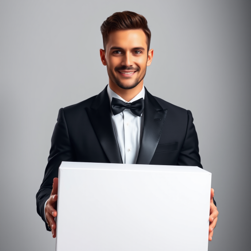 Portrait of a man in a tuxedo holding a blank white box, soft studio lighting, 85mm lens, f/1.8, ISO 100, shallow depth of field, high-resolution, neutral background.