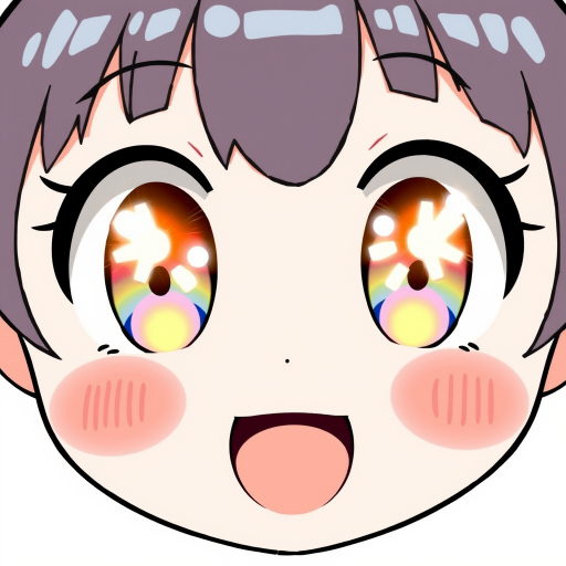 Create an illustration of a cute anime face with large, sparkling eyes featuring orange highlights. The face should have rosy cheeks and convey a joyful, lively expression. The style should be bright and cheerful, capturing the essence of kawaii art.