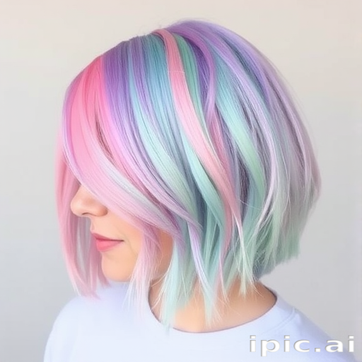 Whimsical Pastel Rainbow Bob combining soft pastel shades of pink lavender mint and baby blue in a perfectly blended short bob haircut with slightly textured ends