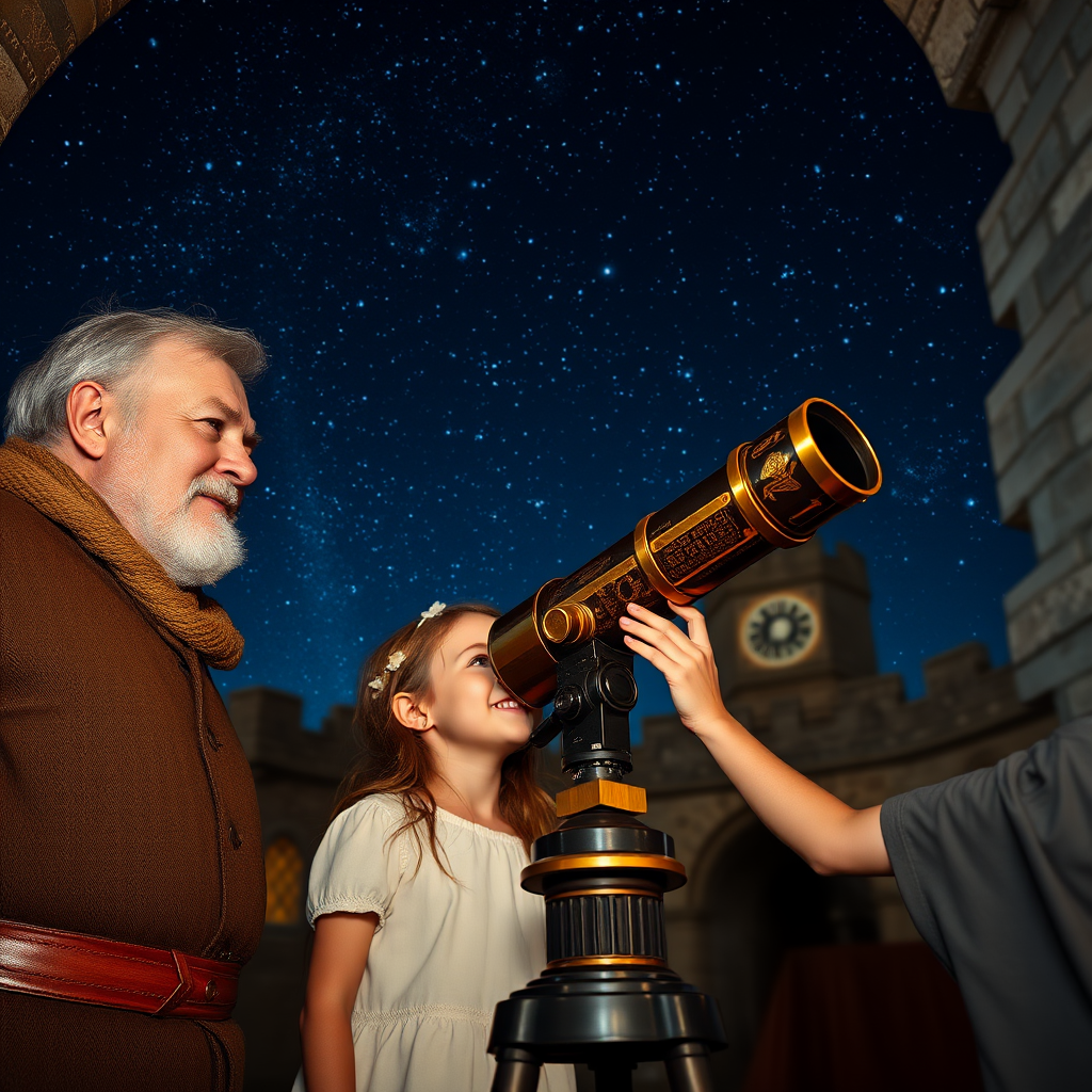A wise older man and a young girl observing stars through a vintage telescope in a medieval castle with a starry night sky filled with constellations in the background, 50mm lens, f/1.8 aperture, ISO 100, low light photography, DSLR.