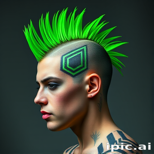 Edgy neon green mohawk with shaved sides featuring intricate geometric patterns, spiked to perfection known as "Cyber Punk Rebellion" radiating boldness and defiance