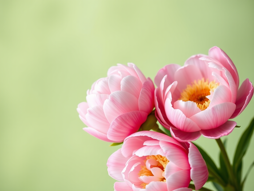 Create an illustration of three pink peonies arranged vertically with a soft green background, using a soft focus lens with a shallow depth of field, macro camera settings, captured with a DSLR camera, natural light for enhanced detail and color vibrancy.