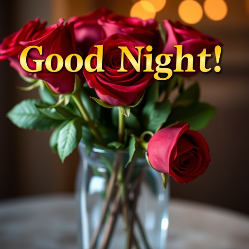 Create an image with the text "Good Night!" in golden Garamond font, placed atop a delicate vase filled with vibrant red roses, with soft focus and warm lighting effects.