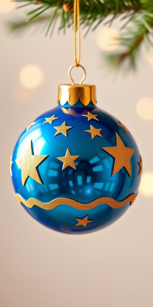 Create a high-resolution digital illustration of a blue Christmas ornament featuring golden stars and wavy stripes, using a 50mm lens with an aperture of f/2.8, shot from a 45-degree angle in soft natural light, simulating a DSLR camera style.