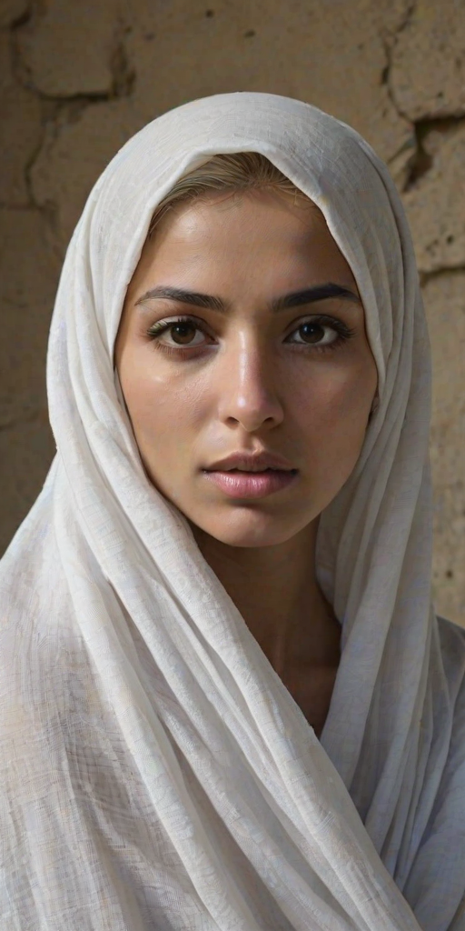 Create a close-up photographic image of a Arab woman with light skin tones shown against an old, worn wall. Their head is wrapped in a white cloth covering (i.e.... parts of the head except the nose and mouth, which are open as if they are screaming...), with a slight texture and visible folds in the fabric. Thin strands of blonde hair escape from the wrapping above, falling lightly at the top and sides. Their hands hold the fabric as if they are tugging nervously. The lighting is dramatic and even, casting strong shadows. The image has a minimalist and surreal style with an emphasis on simplicity with soft color tones. The composition is centered.
