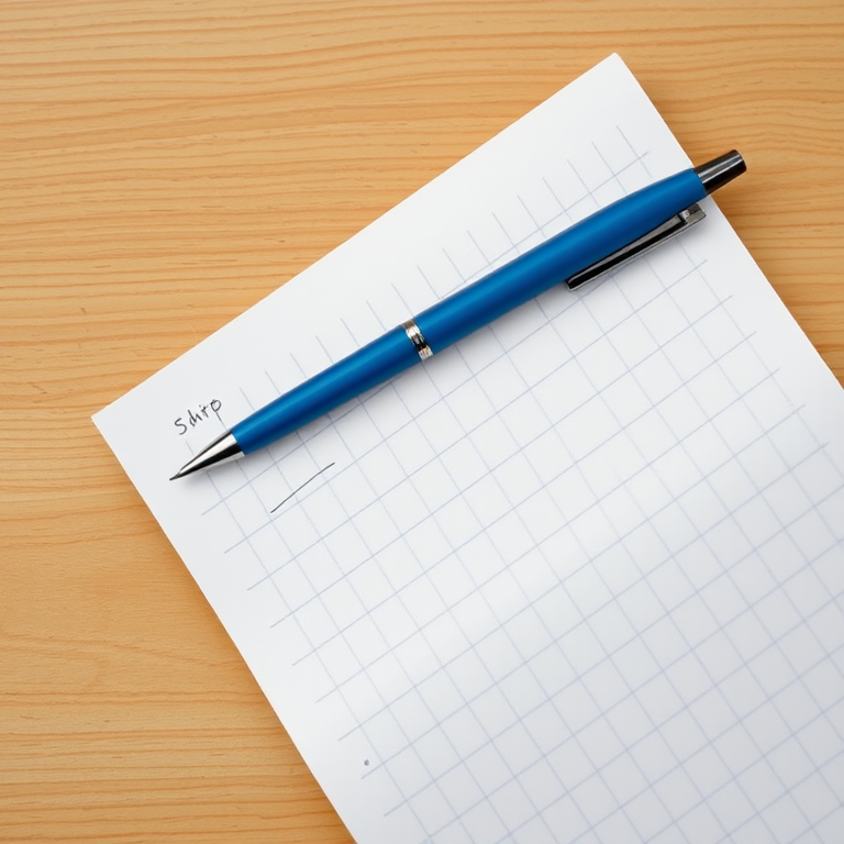 Create an image of a notepad with empty lines and a blue pen resting on top, captured with a Nikon D850 at f/4, 50mm lens, shutter speed 1/60s, natural lighting, top-down view.