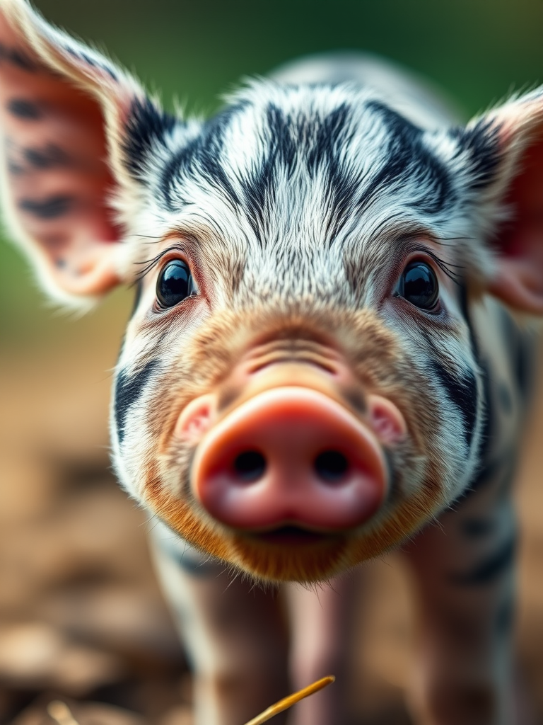 Close-up of a striped piglet with large expressive eyes, soft focus background, capturing details like fur texture and facial expression, camera settings: f/2.8, ISO 100, shutter speed 1/200s, shot with a 50mm lens, macro photography style, using a DSLR camera.