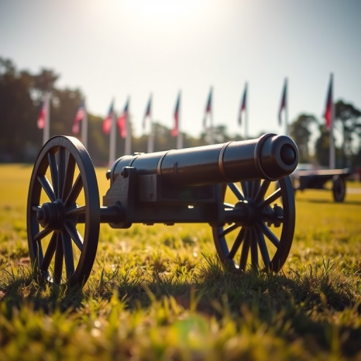vintage cannon on a grassy field with flags in the background, taken with a DSLR camera, 50mm lens at f/4, ISO 100, shot from a low angle for dramatic effect, bright sunlight with vivid colors, sharp focus on the cannon, soft background blur