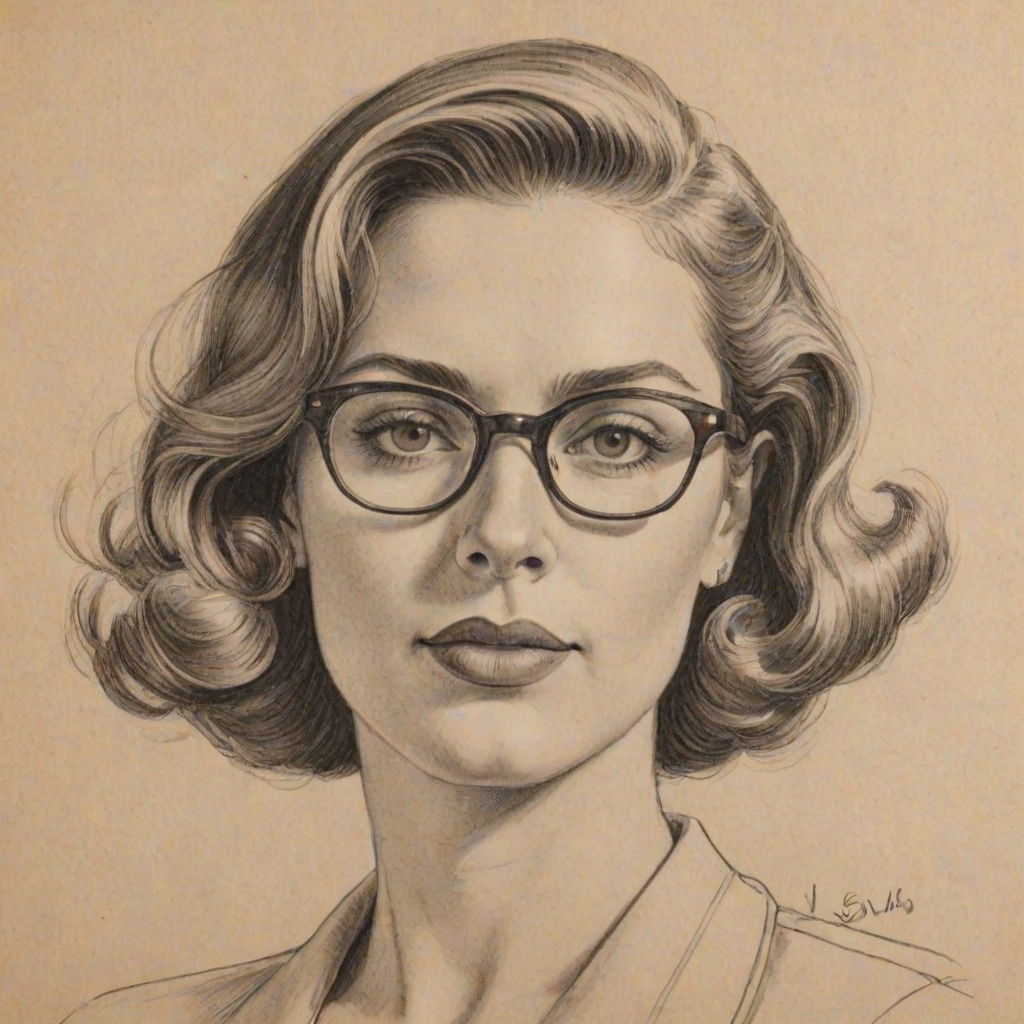 Wonderful Dulc' Sloan, pencil sketch, portrait of Gorgeous woman 1942s in glasses, hair style beatnik, outline, clear lines, fine lines, 8k