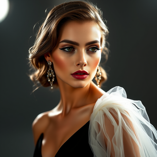 Studio portrait, female model, elegant couture dress, bold makeup, dramatic lighting, Shoot over the shoulder using a telephoto lens to focus on small details like jewelry, makeup, or fabric textures