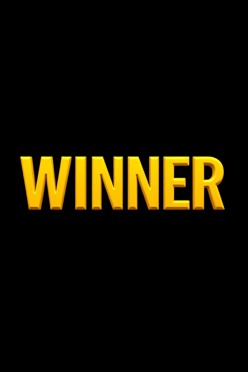 Create an image of the word WINNER in bold, yellow letters with a glossy finish on a black background, using a DSLR camera with a 50mm lens at f/1.8, ISO 100, and a shallow depth of field to enhance the text clarity and vibrancy.