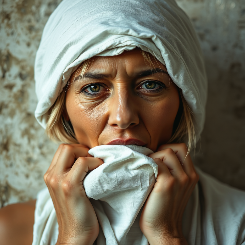 Create a close-up photographic image of a Native American woman with light skin tones shown against an old, worn wall. Their head is wrapped in a white cloth covering (i.e.... parts of the head except the nose and mouth, which are open as if they are screaming...), with a slight texture and visible folds in the fabric. Thin strands of blonde hair escape from the wrapping above, falling lightly at the top and sides. Their hands hold the fabric as if they are tugging nervously. The lighting is dramatic and even, casting strong shadows. The image has a minimalist and surreal style with an emphasis on simplicity with soft color tones. The composition is centered.