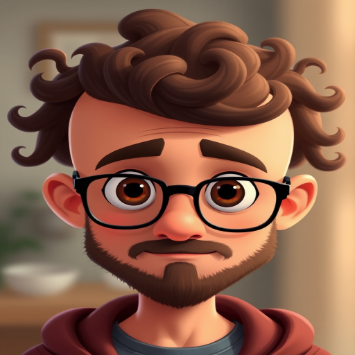 Create a cartoon-style illustration of a person with a bald head and large, curly brown facial hair, wide eyes, and thick glasses, captured with a digital camera at 50mm lens, f/1.8 aperture, ISO 200, in high resolution with a soft focus background.