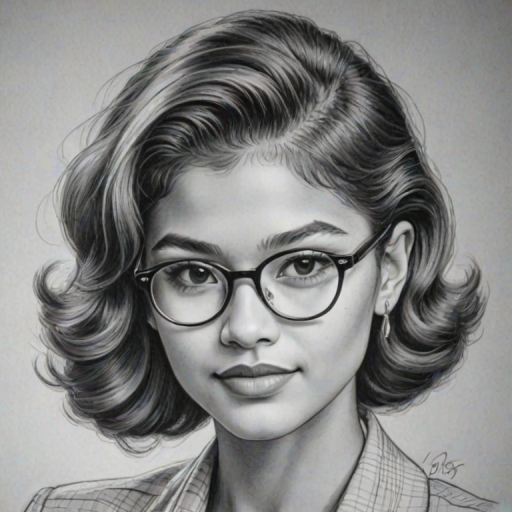 Charming Zendaya, pencil sketch, portrait of Ravishing woman 1940s in glasses, hair style beatnik, outline, clear lines, fine lines, 8k