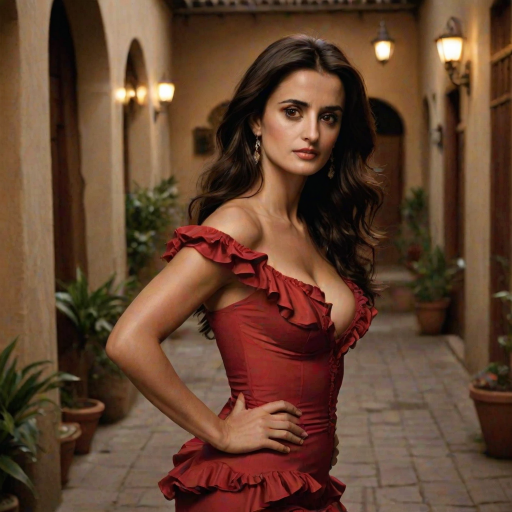 Alluring photograph of Penelope Cruz, celebrated for her performances in "Vicky Cristina Barcelona" and "Volver," capturing her sultry gaze, long dark hair, and full lips, dressed in a flamenco-inspired red dress with ruffles, posed gracefully in a dimly lit Spanish courtyard.