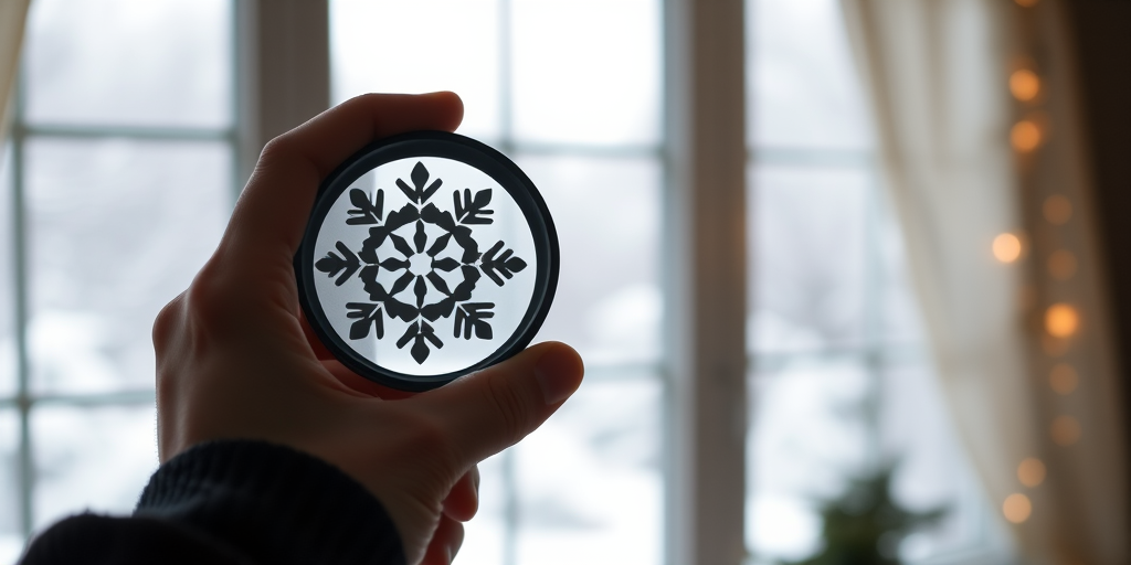 A close-up shot of a person holding a magnifying glass with a snowflake design against a snowy window, with a soft focus background, taken with a DSLR camera at f/2.8 aperture, 50mm lens, ISO 100, natural lighting, in a cozy indoor setting.