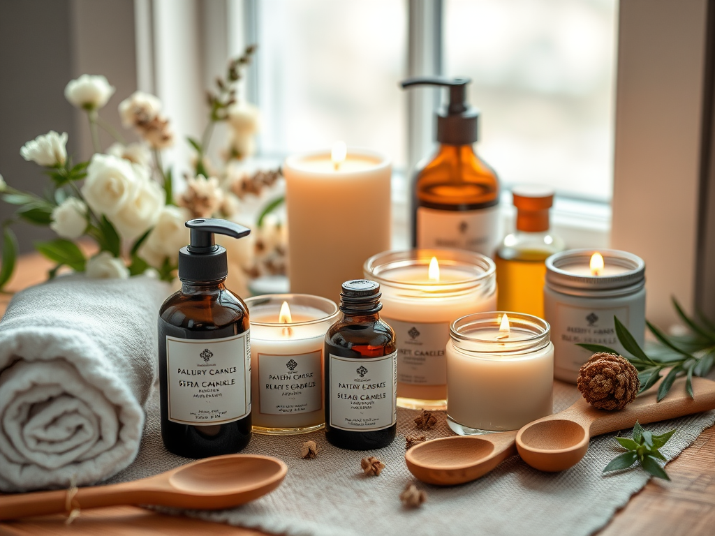 Create a serene still life composition of spa essentials including candles, massage oils, and decorative elements like wooden spoons and herbs, using a Canon EOS R5 with a 50mm lens at f/2.8, ISO 200, 1/60 sec, natural soft lighting from a window, shallow depth of field for enhanced detail and warmth.