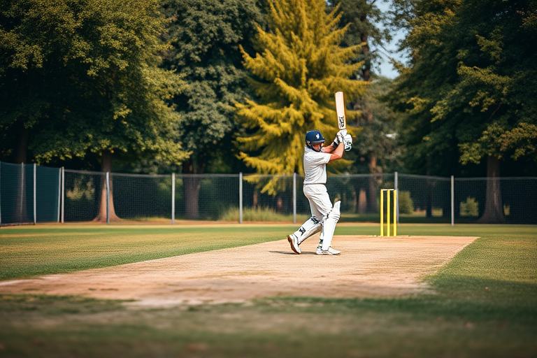 cricketer batting on an outdoor pitch surrounded by trees, shallow depth of field, ISO 200, f/2.8, 1/500s, 50mm lens, DSLR camera, vibrant colors, high detail