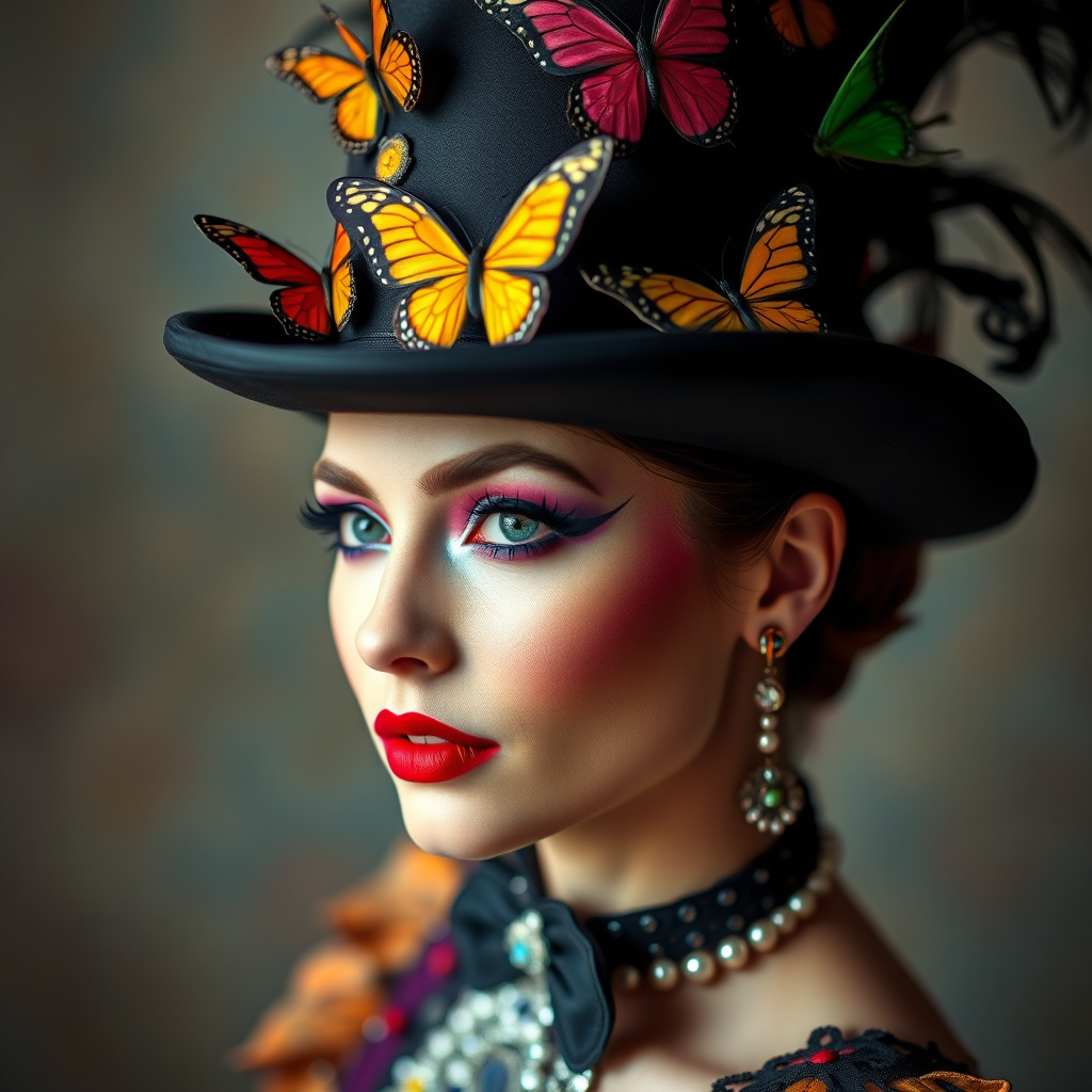portrait of a woman wearing a whimsical top hat adorned with colorful butterflies, vibrant makeup, and elaborate costume, soft focus background, studio lighting, ISO 100, aperture f/2.8, shutter speed 1/200s, 85mm lens, shot from eye level, high dynamic range for enhanced colors and details