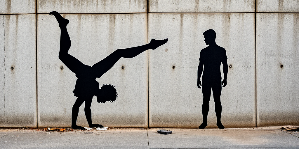 Create an image of a black silhouette mural depicting two figures, one performing a handstand and the other standing upright, set against a textured concrete wall with visible debris on the ground, captured with a DSLR camera, f/8 aperture, ISO 200, 24mm lens, using natural light for enhanced clarity and contrast.