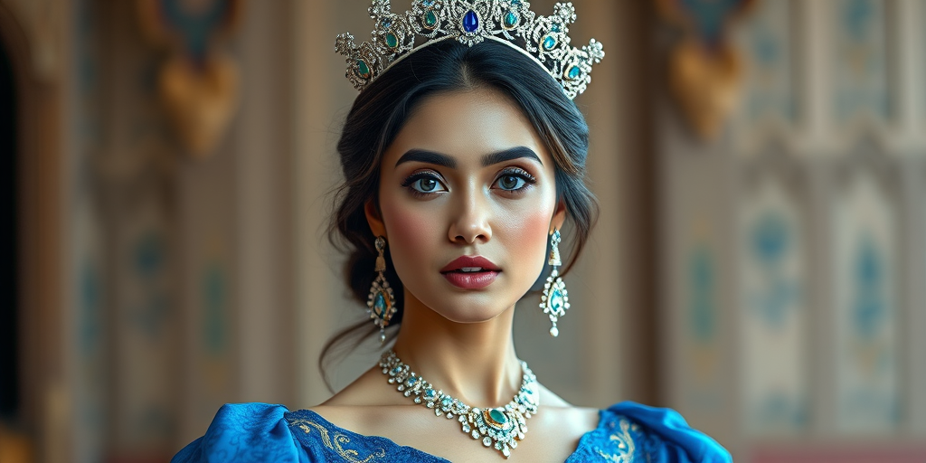 A gorgeous Bhutanese woman in a luxurious blue gown, accessorized with a dazzling tiara and statement earrings, her deep blue eyes highlighted by impeccable makeup, poised in a royal setting, photorealistic, 8K quality