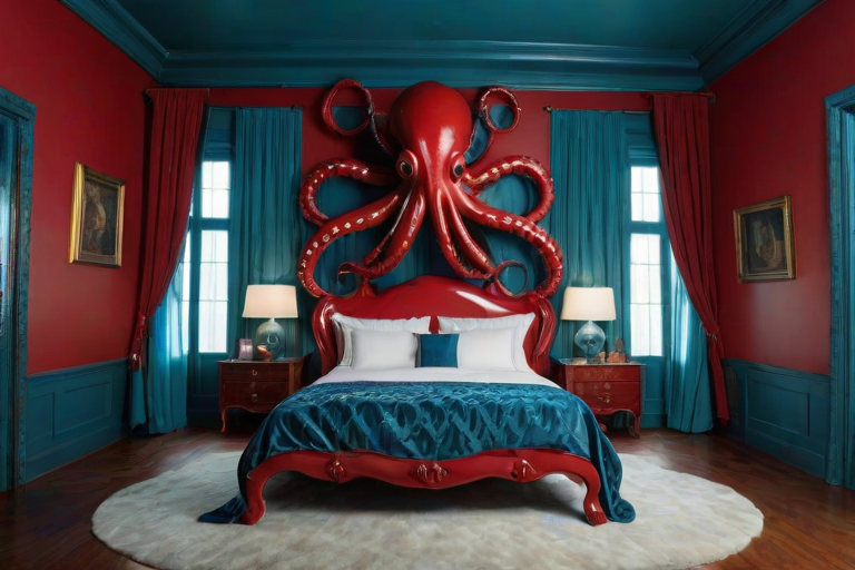 The image is a photograph of an extraordinary, opulent bedroom with a surreal, fantastical underwater blue design. The centerpiece of the room is a bed shaped like a giant octopus, with a head that serves as the headboard and eight large, stylized tentacle-like legs supporting the bed. The bed's headboard and legs are a glossy, shiny red, while the tentacles are a deep, rich red with white suckers. The bed frame and mattress are part of the octopus body.