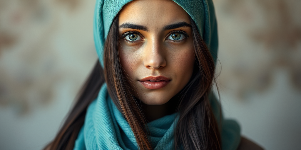 Create a portrait of a young Assyrian woman with long, dark hair and captivating hazel eyes. She is wearing a cyan headscarf and a matching scarf draped gracefully around her neck. The background is softly blurred, focusing attention on her serene and natural expression. The overall color palette is muted and warm, enhancing the intimate and authentic feel of the portrait.