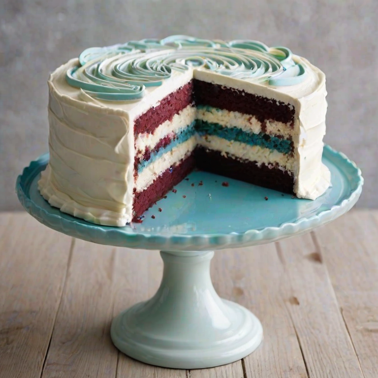 Create a visually appealing image of a multi-layered cake with a white frosting that has a swirl design on top. The cake should have visible layers of dark filling and be presented on a light blue cake stand. Include a slice of the cake removed to showcase the layers inside. The background should be simple and elegant, highlighting the cake as the main focus.