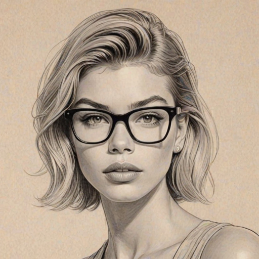 Gorgeous Stella Maxwell, pencil sketch, portrait of Radiant woman 1963s in glasses, hair style beatnik, outline, clear lines, fine lines, 8k