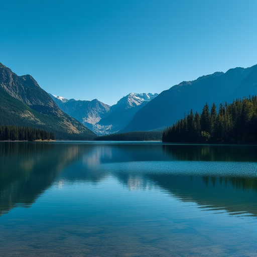 Create a high-resolution image of a serene landscape featuring a calm lake surrounded by trees and mountains in the background, captured with a DSLR camera, 50mm lens, f/8 aperture, ISO 100, natural lighting, and a wide-angle view to enhance depth.