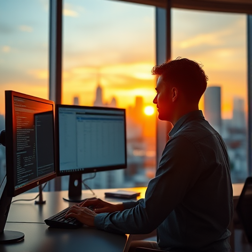 A professional office scene at sunset with a person working at multiple computer screens, city skyline visible through large windows, depth of field focus on the individual, shot with a Canon EOS R5, 35mm lens, f/1.8 aperture, ISO 200, 1/60s shutter speed, capturing warm tones and reflections for enhanced quality.