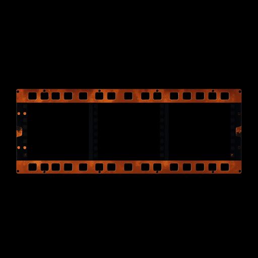 Create a vintage film strip with five blank frames on a black background, captured with a Canon EOS 5D Mark IV, 50mm lens, f/8 aperture, ISO 100, in a portrait orientation with natural lighting for enhanced detail and clarity.