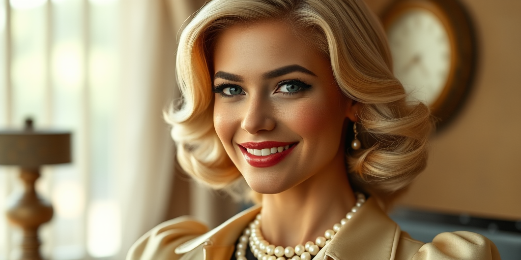 A beautiful Maori woman reminiscent of 1950s Hollywood glamour, with perfectly styled blonde hair and a seductive smile, dressed in a satin blouse and adorned with pearls, soft and warm tones, photorealistic, 8K