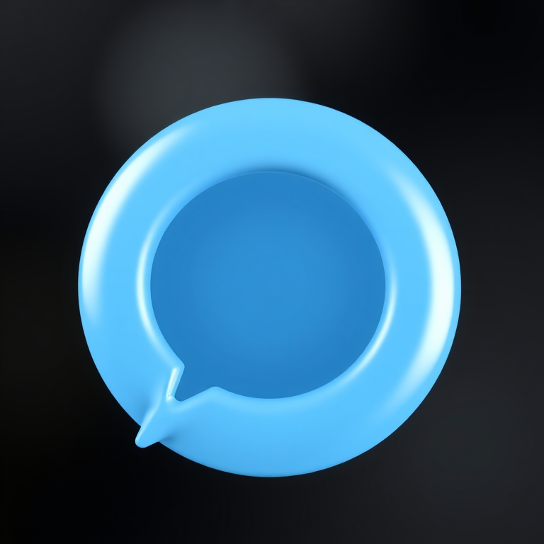 Create a 3D render of a blue speech bubble icon with smooth edges, using a DSLR camera with a 50mm lens, aperture set to f/2.8, shutter speed of 1/125s, ISO 100, and a slightly blurred background for depth.