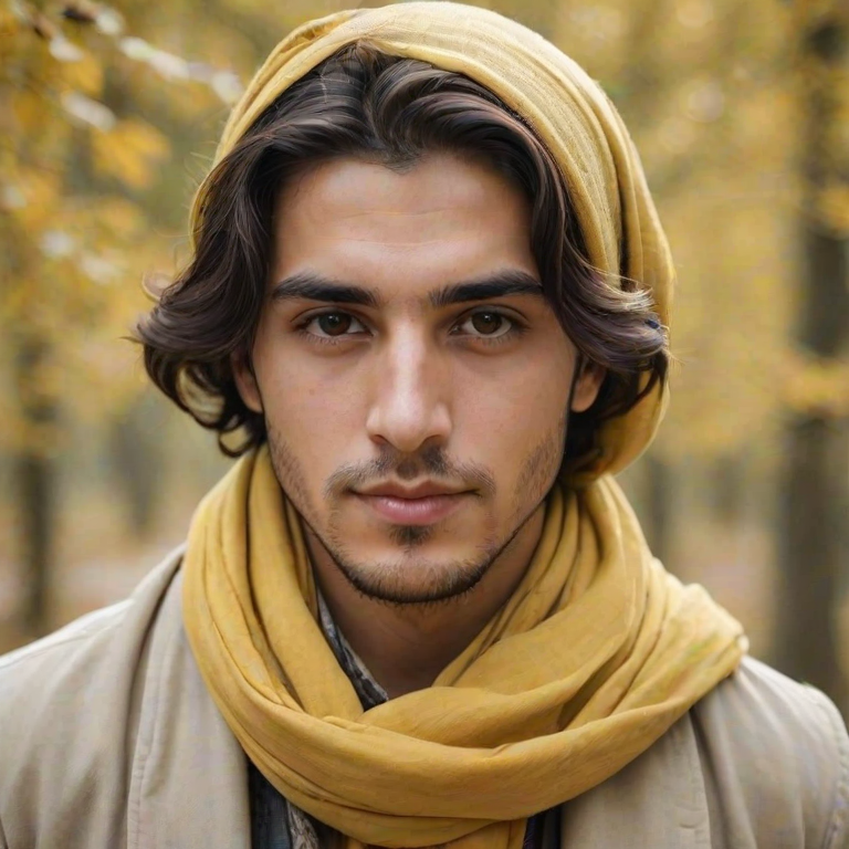 Create a portrait of a young Turkish male with long, dark hair and captivating hazel eyes. She is wearing a Yellow headscarf and a matching scarf draped gracefully around her neck. The background is softly blurred, focusing attention on her serene and natural expression. The overall color palette is muted and warm, enhancing the intimate and authentic feel of the portrait.