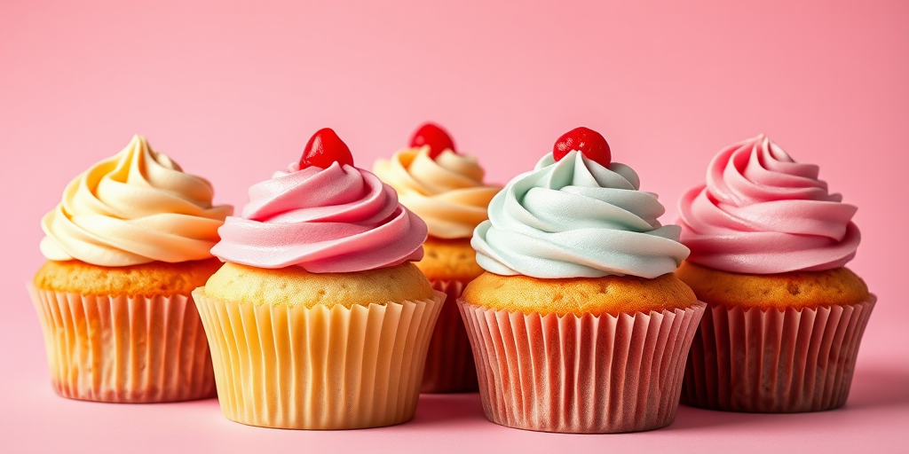 Generate a high-quality illustration of six assorted cupcakes with vibrant colors and detailed frosting, set against a soft pink background, using a Canon EOS R5 camera with a 50mm f/1.2 lens, aperture f/2.8, ISO 100, and a shallow depth of field for a soft blur effect.