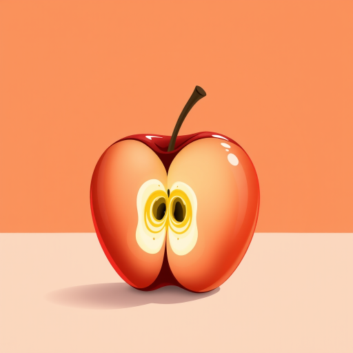 Create a vibrant illustration of a half-eaten red apple against a simple background, using a Canon EOS R5 with a 50mm f/1.2 lens, aperture set to f/2.8, ISO 100, and a shallow depth of field to enhance focus on the apple while slightly blurring the background.