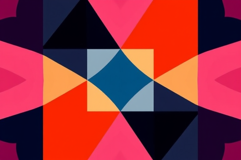 Create an abstract geometric pattern with sharp angles and contrasting colors, using a DSLR camera with a 50mm lens, aperture set to f/1.8, ISO 100, shot from a top-down view for enhanced depth, high contrast, and vibrant color saturation.