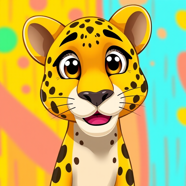 Create a vivid cartoon-style illustration of a friendly yellow leopard with large eyes and black spots, set against a bright, colorful background, using a digital camera with a 50mm lens, f/1.8 aperture, ISO 100, in high-resolution format.