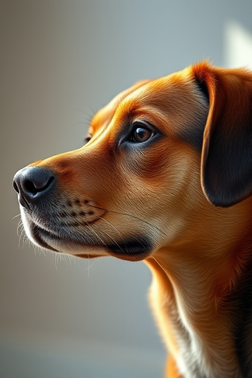 A close-up portrait of a dog, focusing on the side profile with soft natural lighting, taken with a DSLR camera at f/2.8 aperture, ISO 100, shutter speed 1/200s, using a 50mm lens to enhance depth of field and clarity.