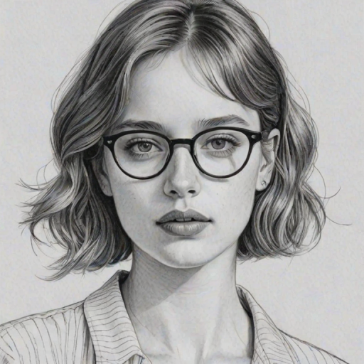 Wonderful Maya Hawke, pencil sketch, portrait of Captivating woman 1953s in glasses, hair style beatnik, outline, clear lines, fine lines, 8k