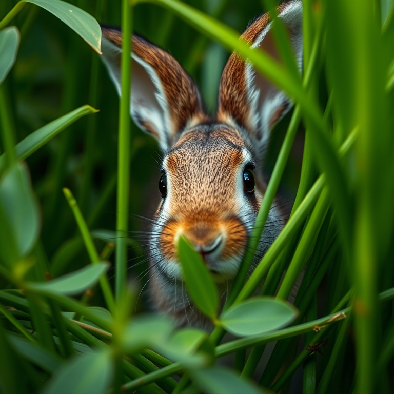 Capture a close-up portrait of a curious rabbit peeking through lush green foliage, using a Canon EOS R6, 85mm f/1.2 lens, aperture set to f/1.2 for shallow depth of field, ISO 200, shutter speed 1/500 sec, with soft natural light for a dreamy background.