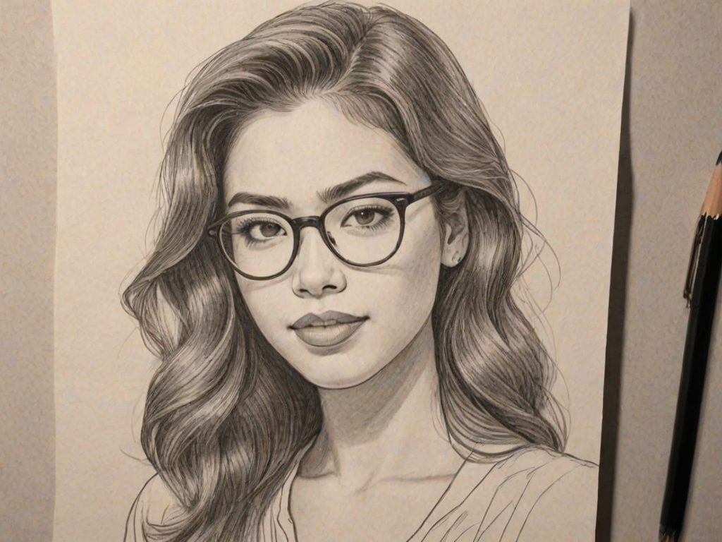 Enchanting Ashley Argota, pencil sketch, portrait of Graceful woman 1941s in glasses, hair style beatnik, outline, clear lines, fine lines, 8k